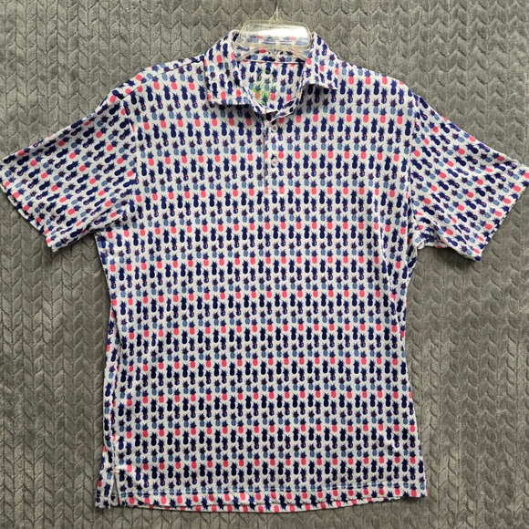 TailorByrd Golf Polo Shirt Mens Medium Pineapple Print Pink Blue White - Picture 1 of 7